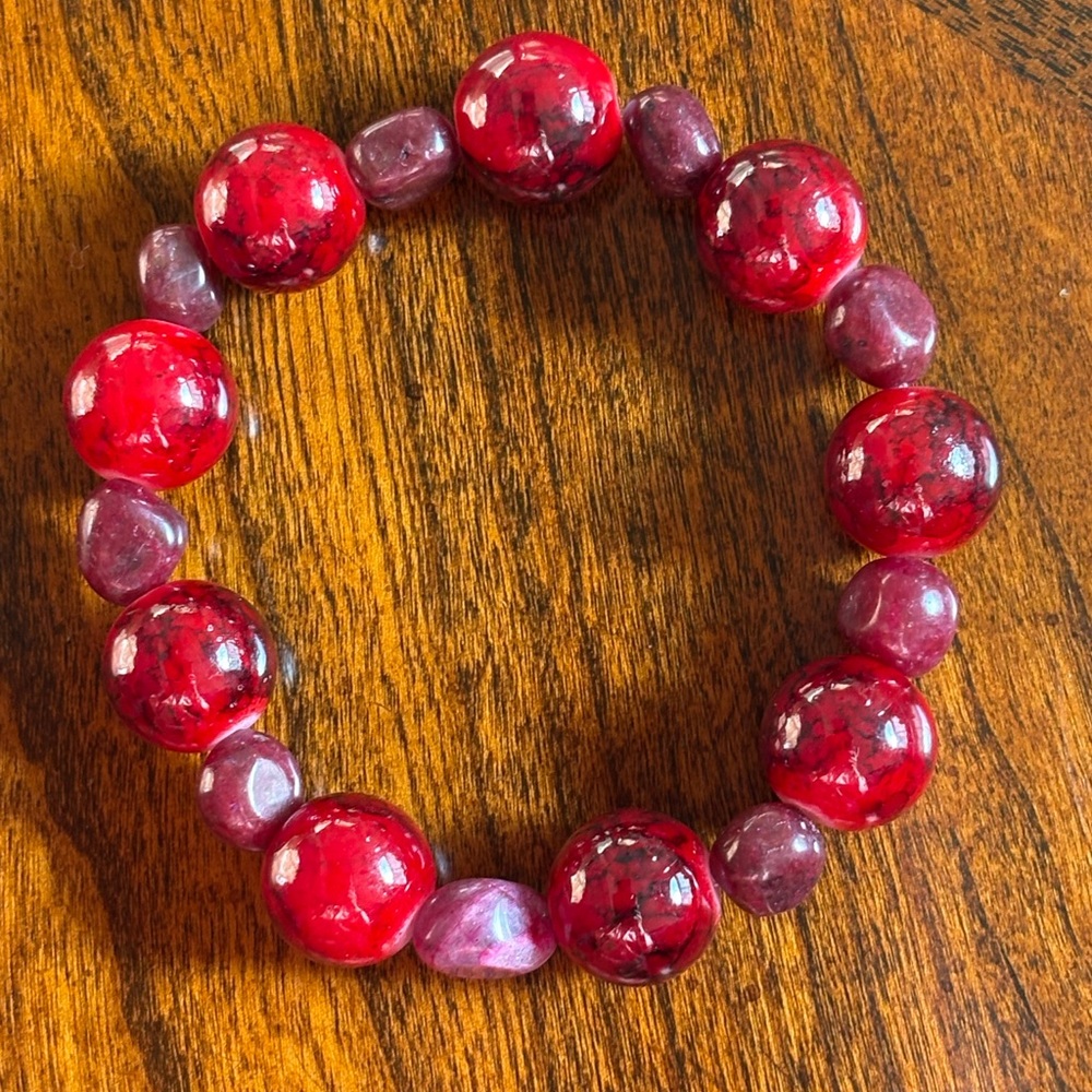 14mm Red Glass Bead Bracelet paired with deep red quartz beads